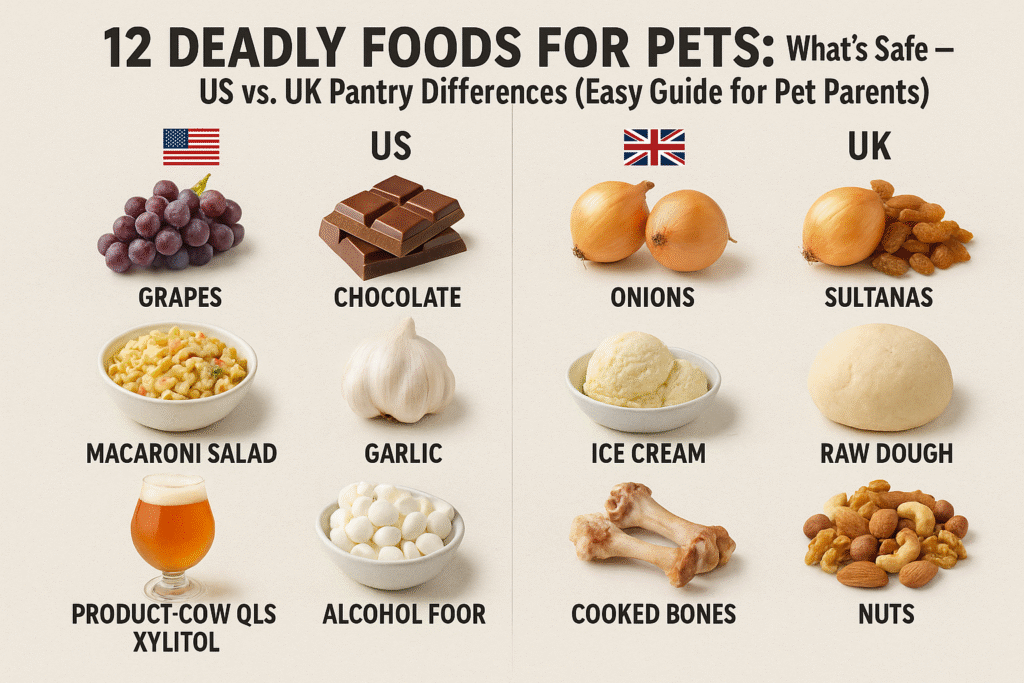 12 Deadly Foods for Pets: What’s Safe — US vs. UK Pantry Differences (Easy Guide for Pet Parents)