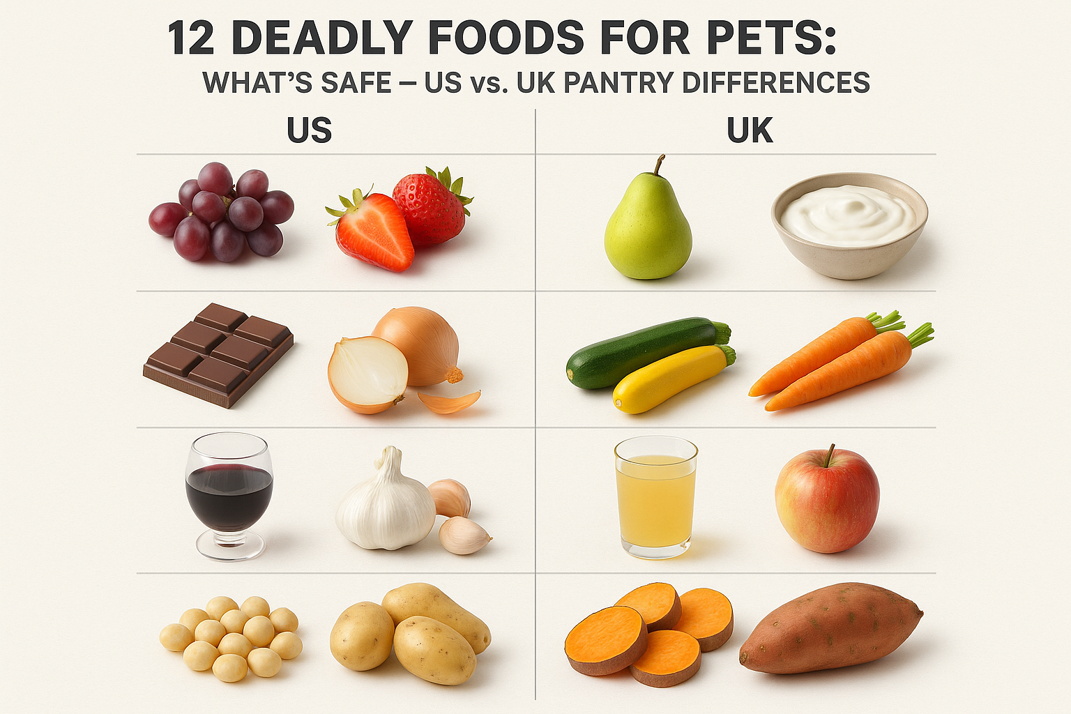 12 Deadly Foods for Pets: What’s Safe — US vs. UK Pantry Differences (Easy Guide for Pet Parents)