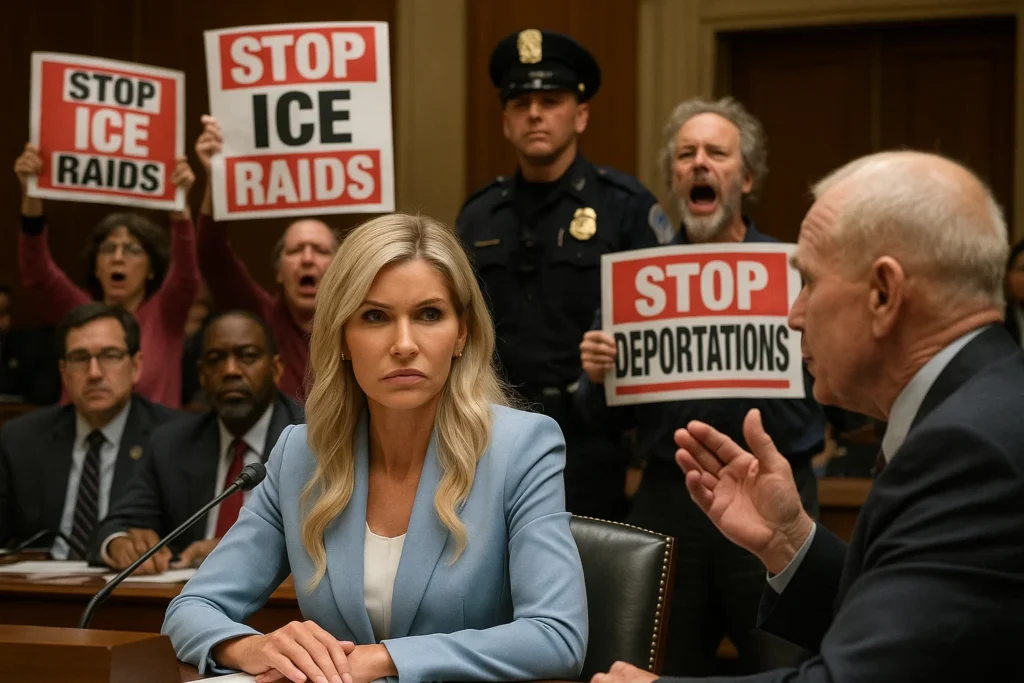 “ICE Barbie” on the Hot Seat: What Happened at Kristi Noem’s Hearing — Protest, Veteran Confrontation, Lewandowski Rumors and Media Noise
