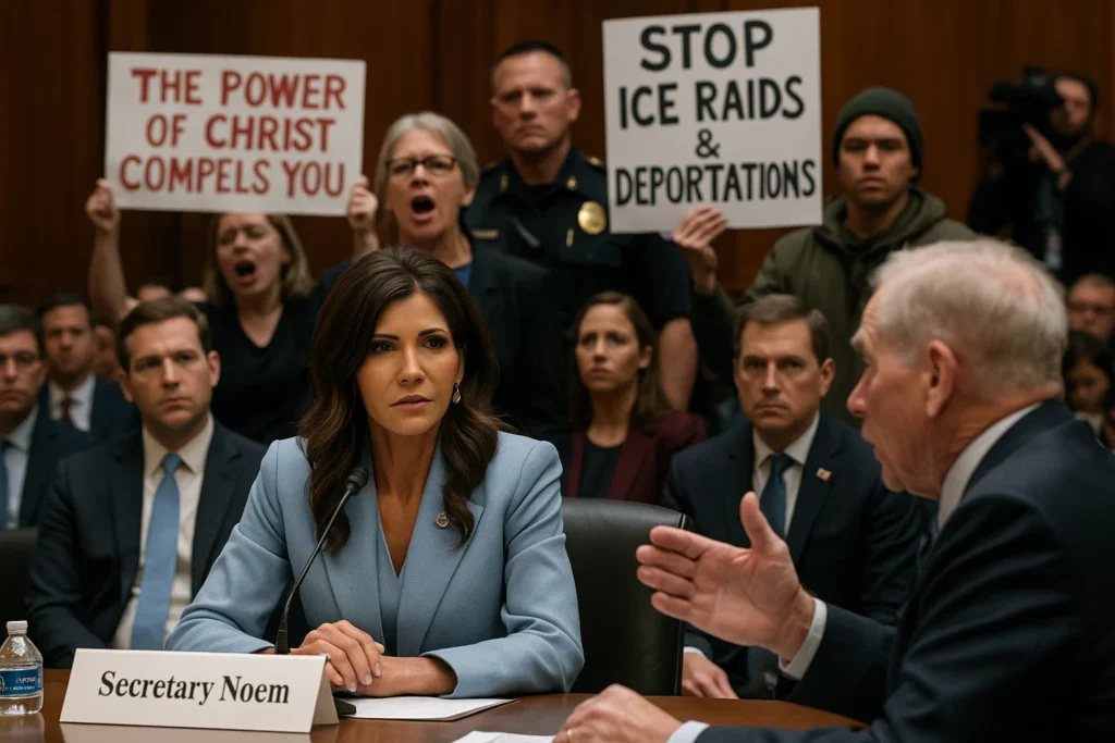 “ICE Barbie” on the Hot Seat: What Happened at Kristi Noem’s Hearing — Protest, Veteran Confrontation, Lewandowski Rumors and Media Noise