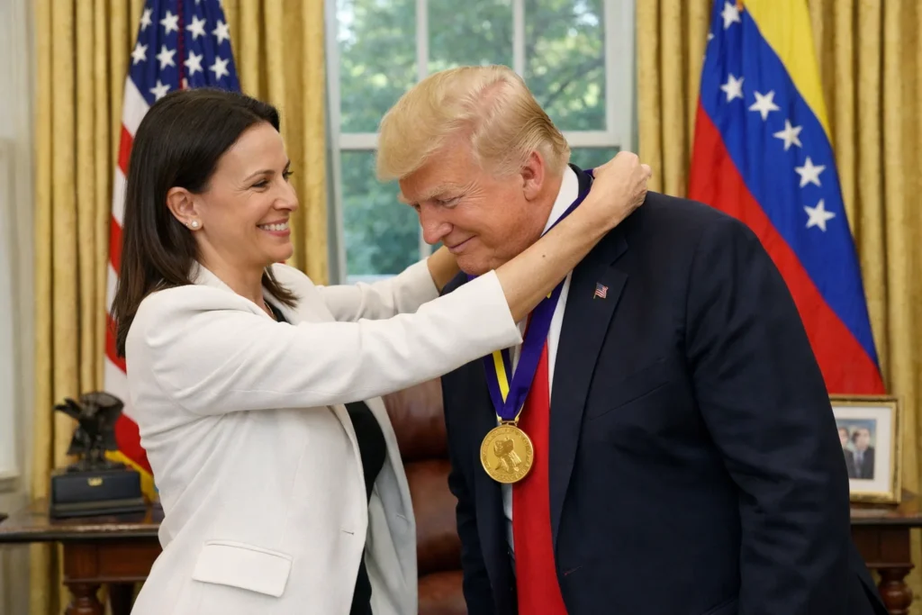 Trump accepts Nobel medal from Venezuelan opposition leader Machado
