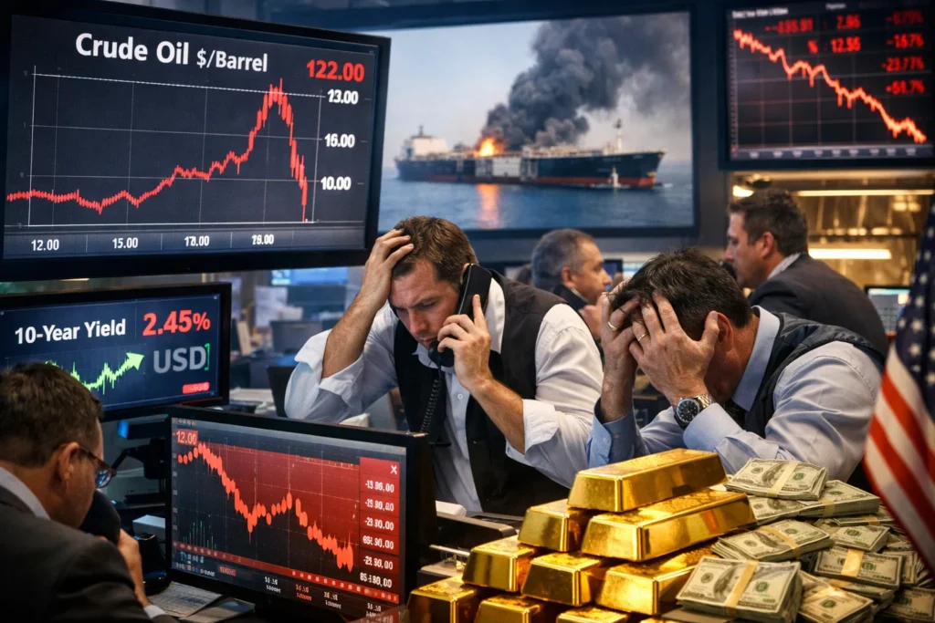 Gold falls amid market volatility as oil spikes toward $120