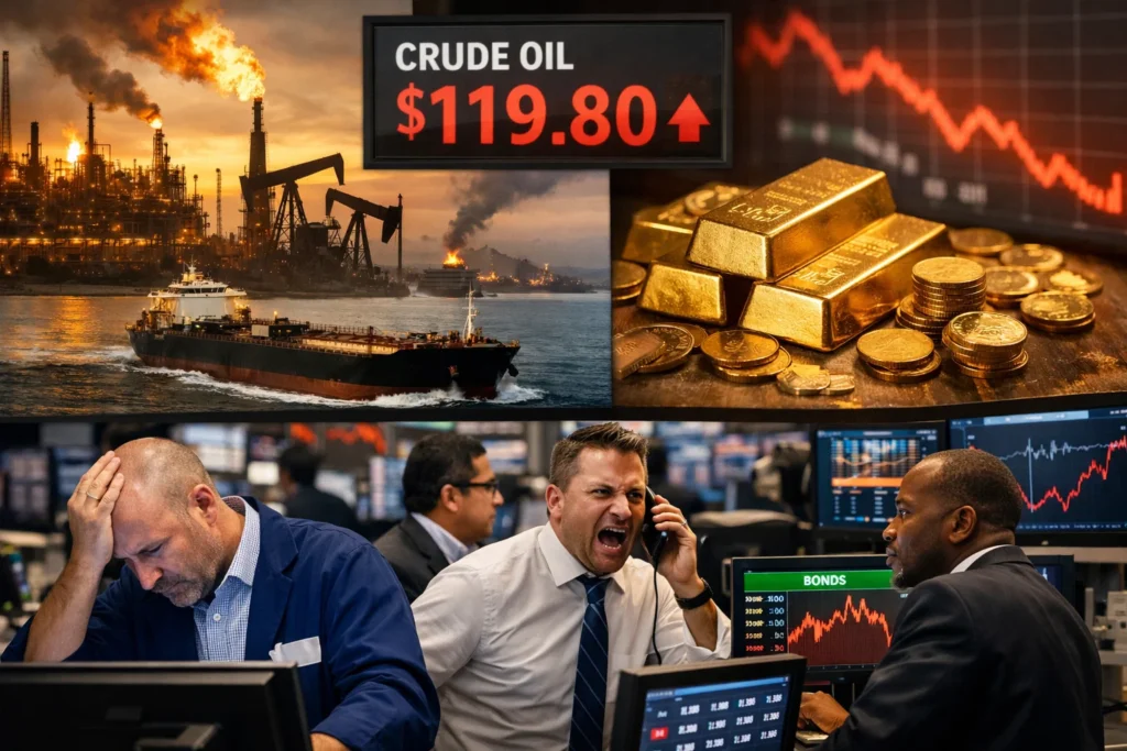 Gold falls amid market volatility as oil spikes toward $120